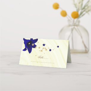 royal blue flowers gold place card