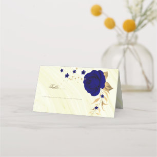 royal blue flowers gold place card