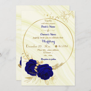 royal blue flowers gold wreath wedding invitation