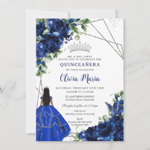 Royal Blue Flowers Princess Silver Quinceañera Invitation