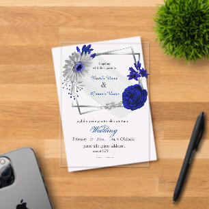 royal blue flowers silver geometric wedding acrylic invitations