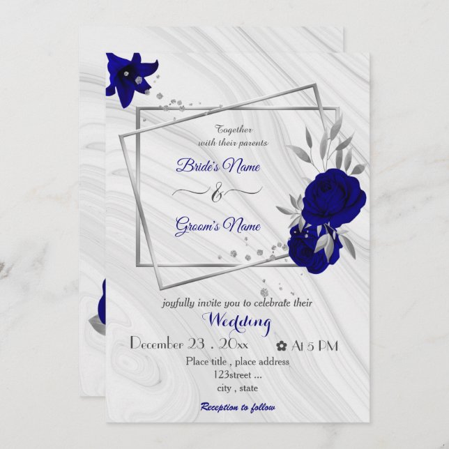 royal blue flowers silver grey geometric wedding  invitation (Front/Back)