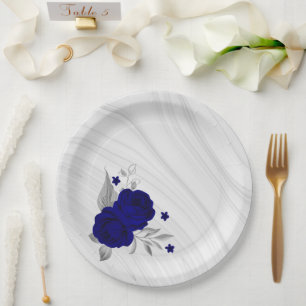 royal blue flowers silver leaves marble paper plate