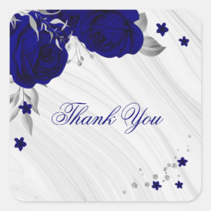 royal blue flowers silver leaves marble thank you square sticker