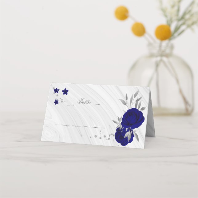 royal blue flowers silver leaves place card (Front)