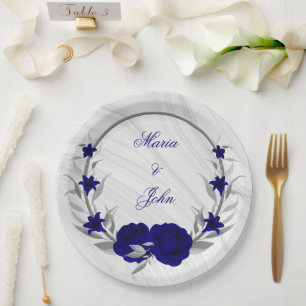 royal blue flowers silver leaves wreath marble paper plate
