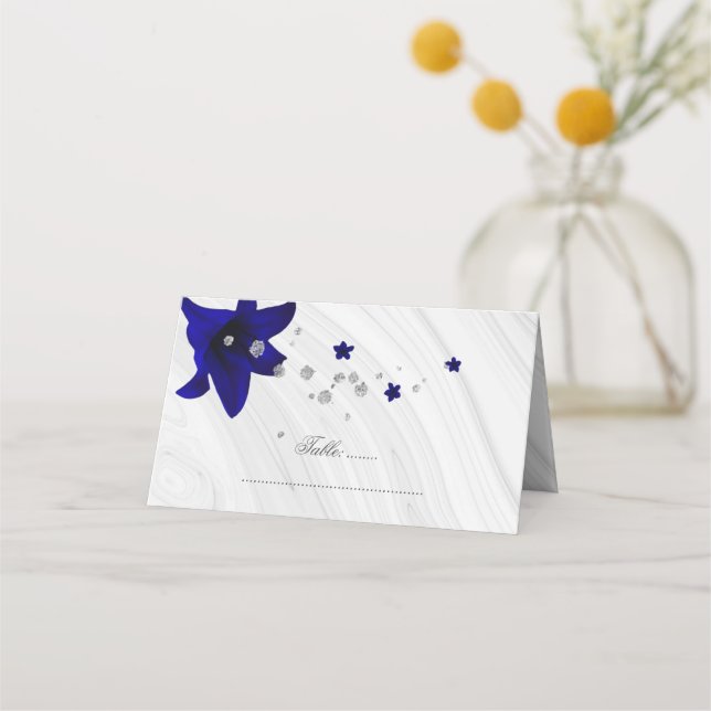 royal blue flowers silver place card (Front)