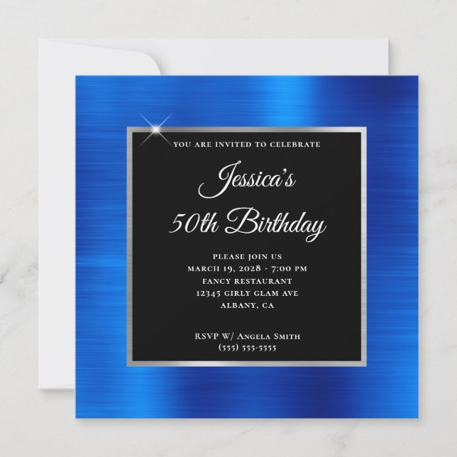 Royal Blue Foil Silver and Black 50th Birthday Invitation (Front)
