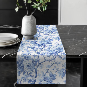 Royal Blue French Toile Roses Floral Table Runner