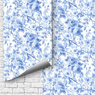 Royal Blue French Toile Roses Floral Wallpaper