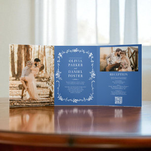 Royal Blue French Victorian QR Code Photo Wedding Tri-Fold Invitation