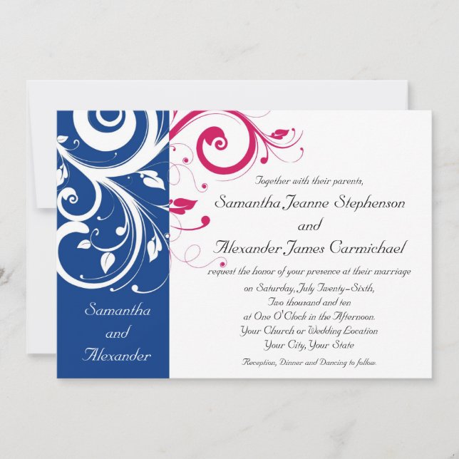 Royal Blue/Fuchsia Swirl Wedding Invitation (Front)