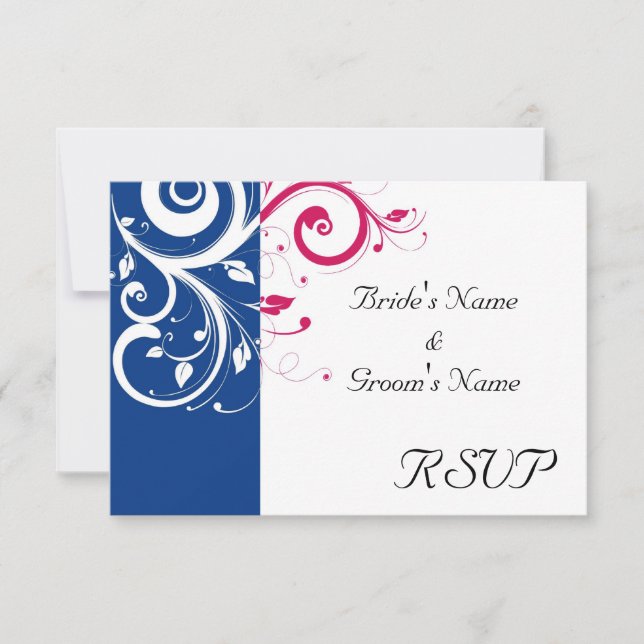Royal Blue/Fuchsia Swirl Wedding RSVP Reply Card (Front)