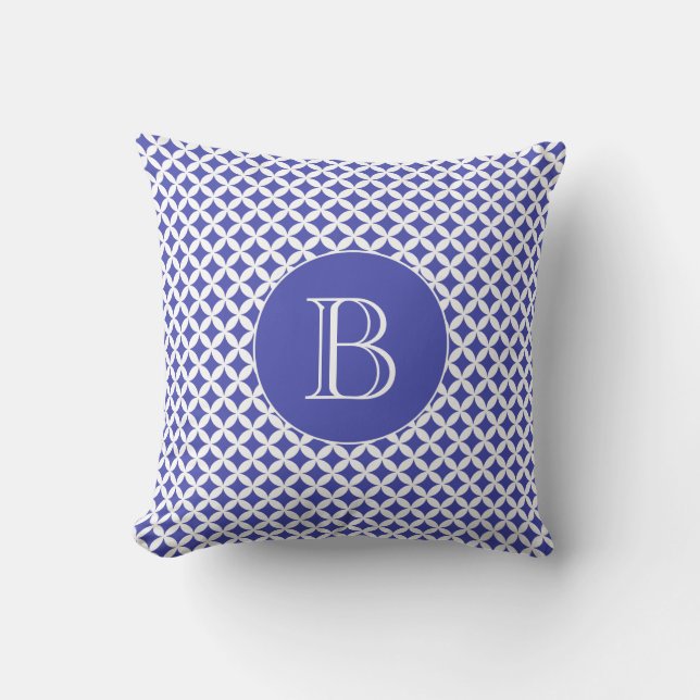 Royal Blue Geometric Pattern Custom Monogram Cushion (Front)
