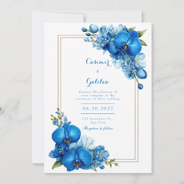 Royal Blue Gilded Botanical Orchid Wedding Invitation (Front)