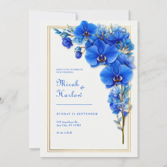 Royal Blue Gilded Orchid Wedding Invitation (Front)