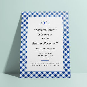 Royal Blue Gingham Traditional Baby Shower Invitation
