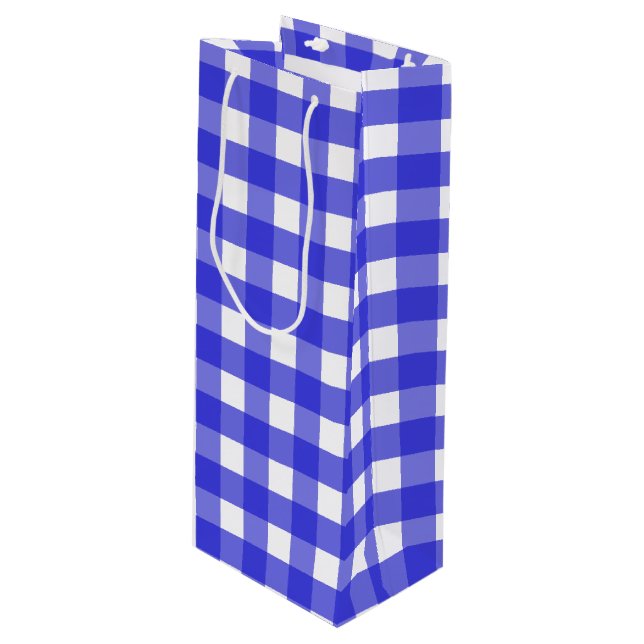 Royal blue gingham wine gift bag (Front Angled)