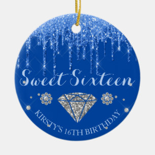 Royal Blue Glitter Drip Diamond Sweet Sixteen Ceramic Tree Decoration