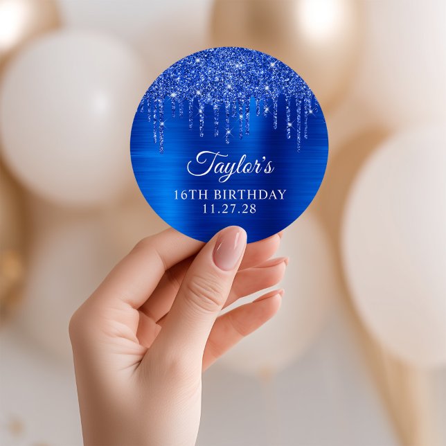 Royal Blue Glitter Drips 16th Birthday Classic Round Sticker (Royal Blue Glitter Drips 16th Birthday Classic Round Sticker)