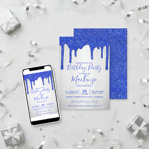 Royal Blue Glitter Drips Silver Metallic Birthday Invitation