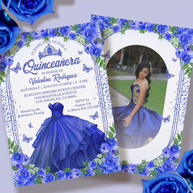 Royal Blue Glitter Floral Sparkle Quinceanera Invitation (Blue Glitter Floral Sparkle Quinceanera Invitation)