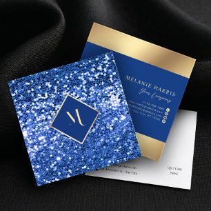 Royal Blue Glitter Geometric Gold Frame Stylish Square Business Card