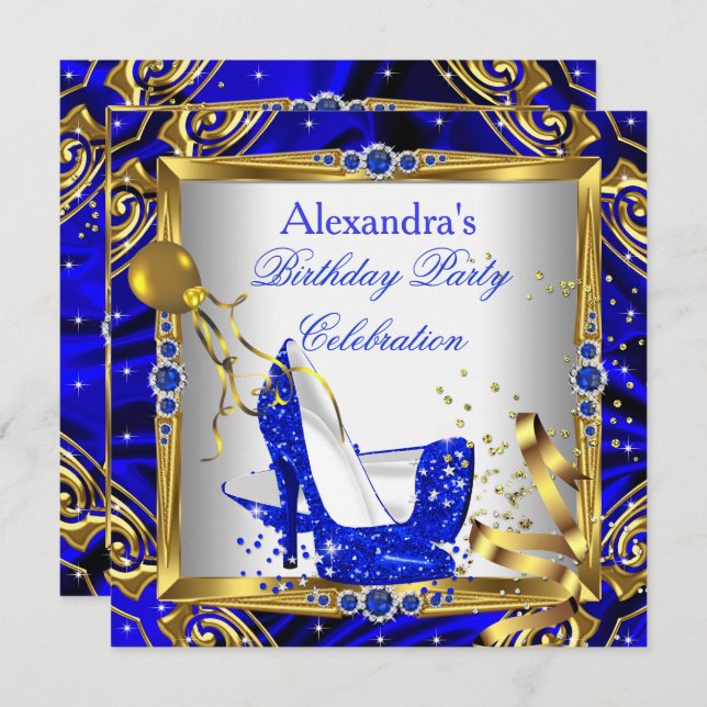 Royal Blue Glitter High Heel Shoes Gold White Silk Invitation (Front/Back)