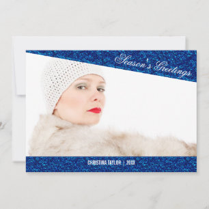 Royal Blue Glitter Look Holiday Photo Card