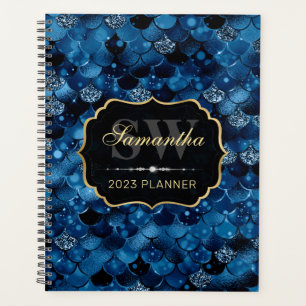 Royal Blue Glitter Mermaid Fish Scales Monogram Planner