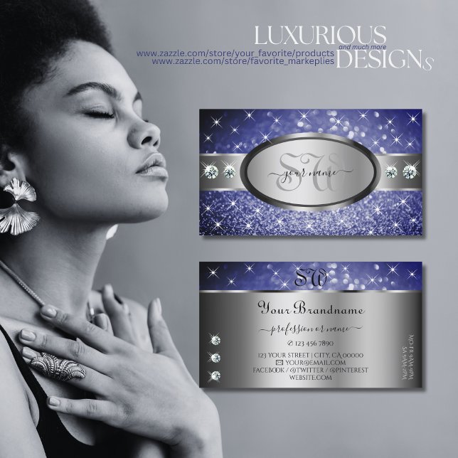 Royal Blue Glitter Sparkle Stars Diamonds Monogram Business Card (Creator Uploaded)