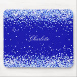 Royal blue glitter sparkles name script  mouse pad<br><div class="desc">A chic royal blue background,  decorated with light blue faux glitter,  sparkles.  Personalise and add a name written with a modern,  elegant hand lettered style script.</div>