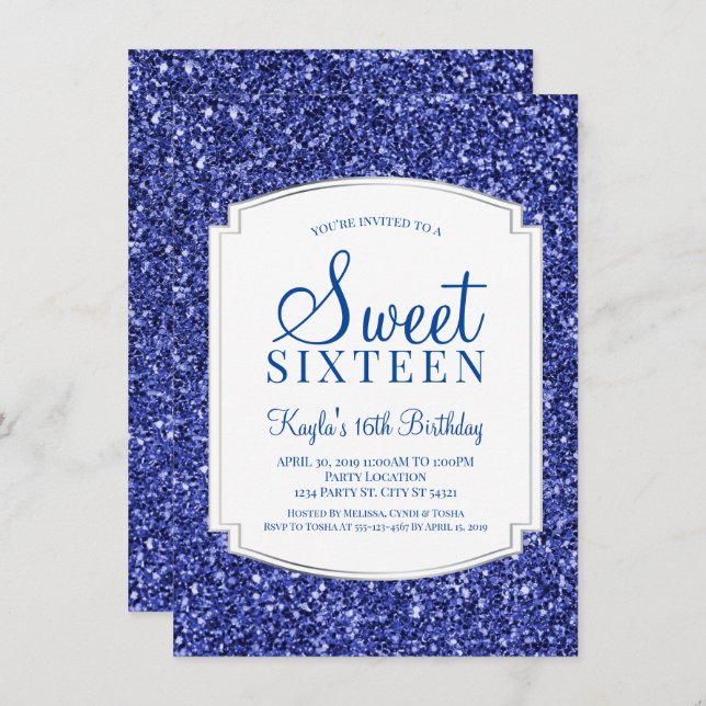 Royal Blue Glitter Sweet 16 Invitations (Front/Back)