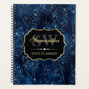 Royal Blue Glitter Tropical Leaves Monogram Planner