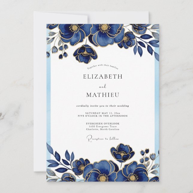 Royal Blue Glorious Botanical Wedding Invitation (Front)