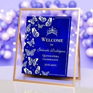 Royal Blue Gold 15th Birthday Quinceañera Welcome Poster