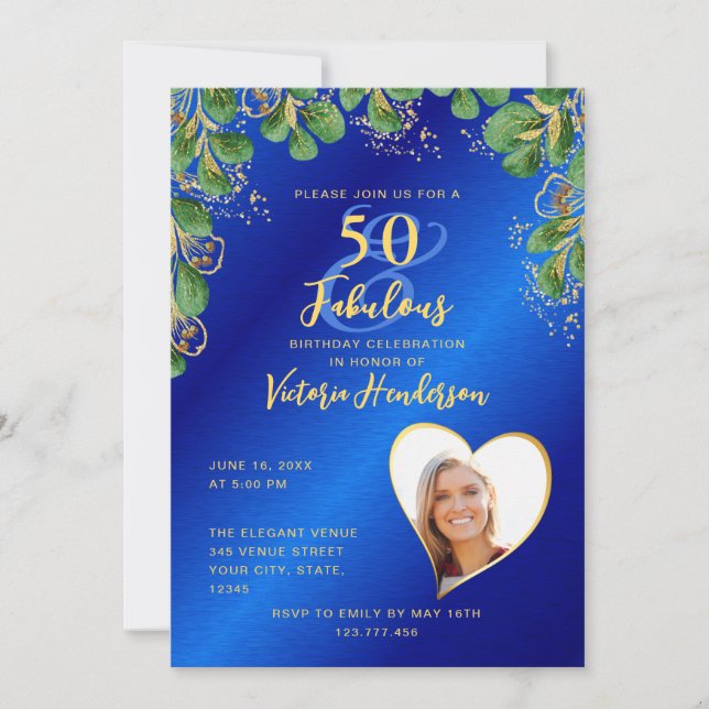 Royal Blue & Gold 50 & Fabulous Greenery Birthday Invitation (Front)