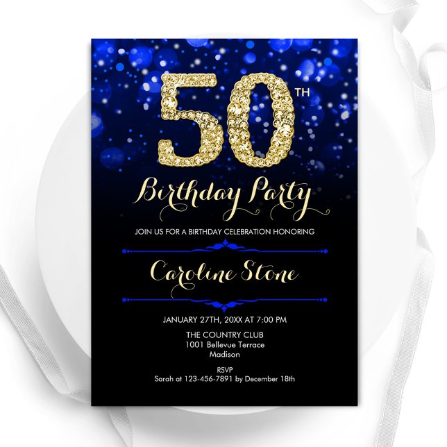 Royal Blue Gold 50th Birthday Invitation (Creator Uploaded)