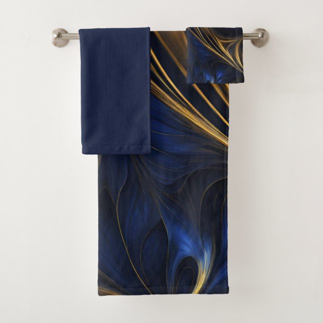Royal Blue Gold Abstract Swirl Bath Towel Set (Insitu)