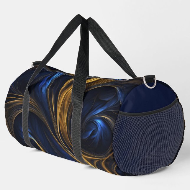 Royal Blue Gold Abstract Swirl Duffle Bag (Right Corner)