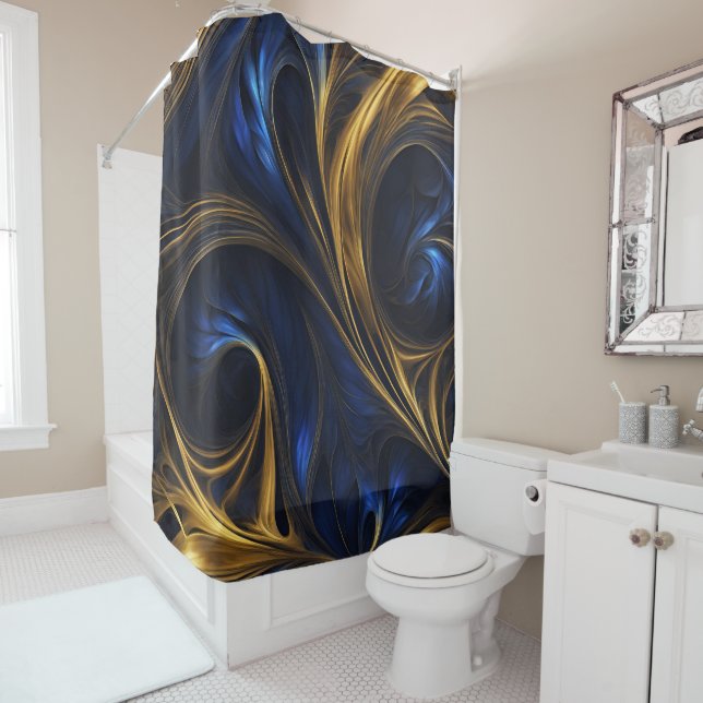 Royal Blue Gold Abstract Swirl Shower Curtain (In Situ)