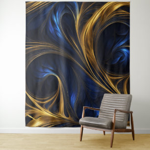 Royal Blue Gold Abstract Swirl Tapestry