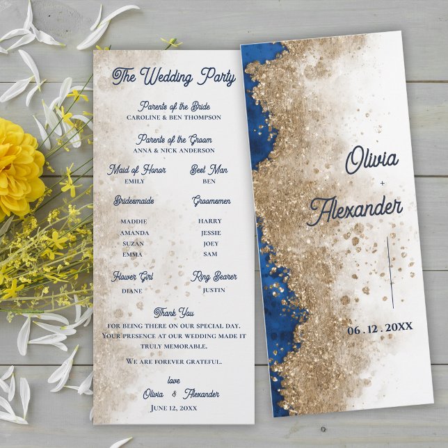 Royal Blue Gold Abstract Wedding Ceremony Program Invitation (Royal Blue Gold Wedding Program Card | Elegant Formal Ceremony Program)