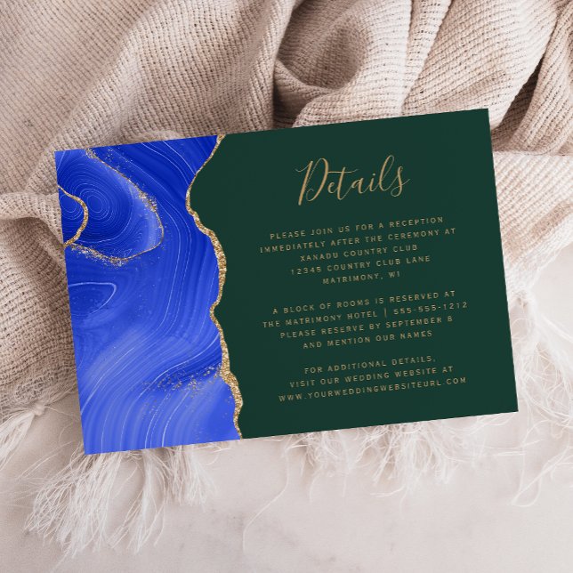 Royal Blue Gold Agate Green Wedding Details Enclosure Card (Creator Uploaded)