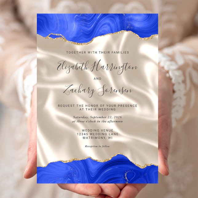 Royal Blue Gold Agate Ivory Silk Wedding Invitation (Creator Uploaded)