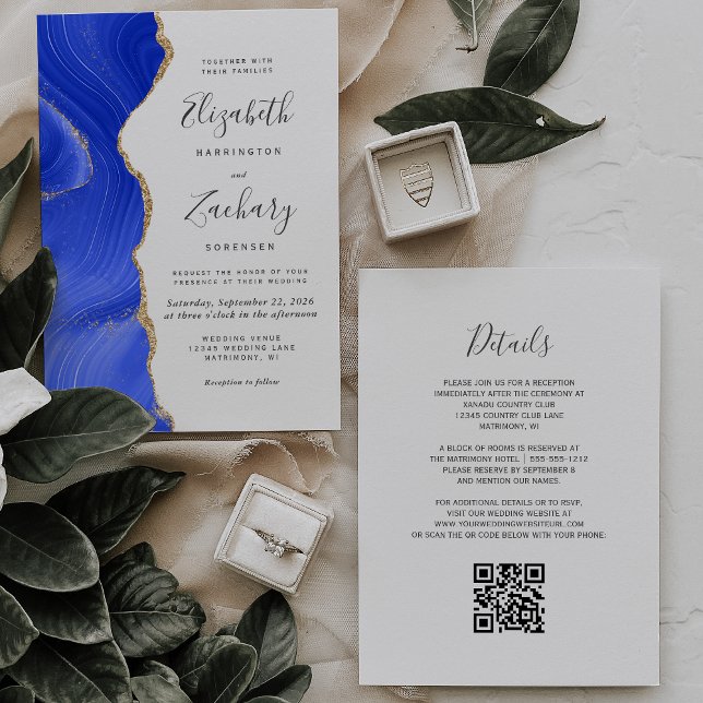 Royal Blue Gold Agate QR Code Wedding Invitation (Creator Uploaded)