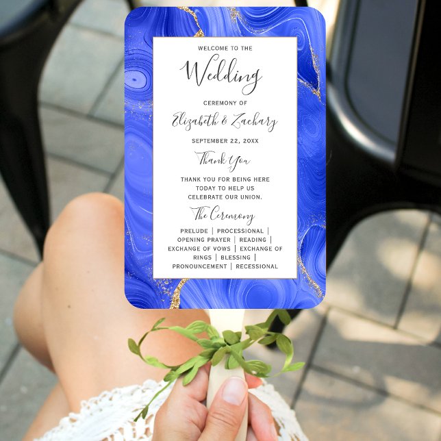Royal Blue Gold Agate Wedding Program Hand Fan (Creator Uploaded)