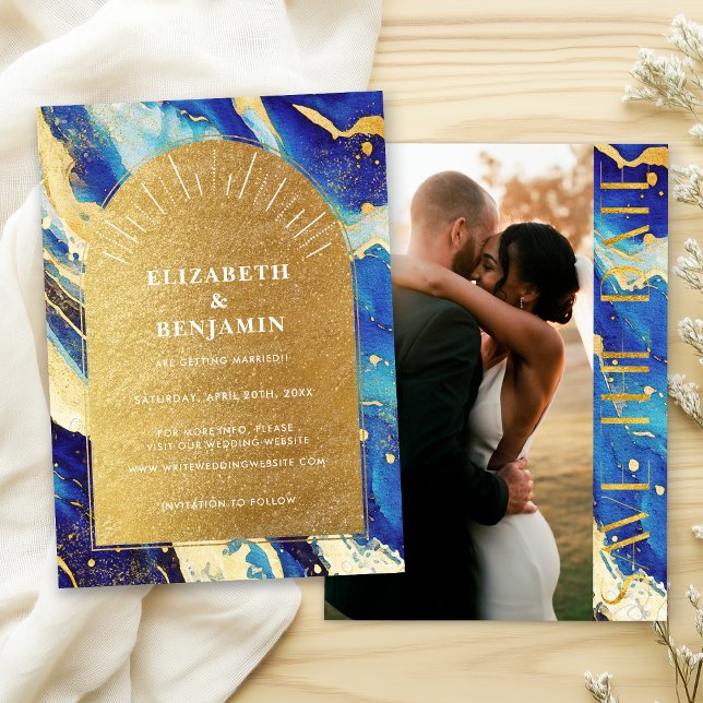 Royal Blue Gold Arch Wedding Photo Save the Date (Creator Uploaded)