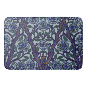 Royal Blue & Gold Art Deco Rose Floral Decor Bath Mat
