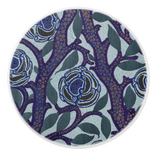 Royal Blue & Gold Art Deco Rose Floral Decor Ceramic Knob